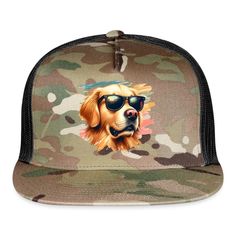 a camo hat with a golden retriever wearing sunglasses on the front and side