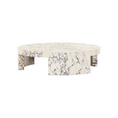 a white marble coffee table with an oval design on the top and two curved legs