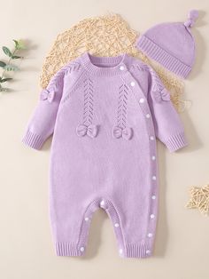 Baby Girl Bow Front Eyelet Detail Raglan Sleeve Knit Jumpsuit Lilac Purple   Long Sleeve Fabric Animal,Plain Jumpsuit Slight Stretch  Baby Girls Clothing, size features are:Bust: ,Length: ,Sleeve Length: Baby Clothes Purple, Purple Baby Clothes, Newborn Knitting Patterns, Newborn Sweater, Crochet Baby Beanie, Purple Collar, Baby Couture, Baby Dress Patterns