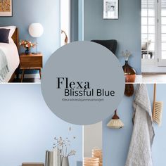 a collage of photos with the words flexa blissful blue