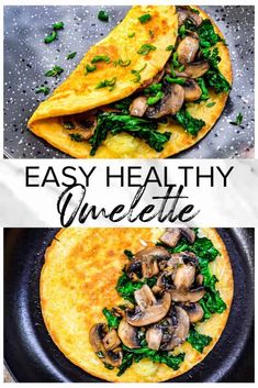 an omelette with mushrooms and spinach on top is shown in two different photos