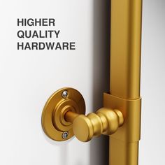 a close up of a door handle with the words higher quality hardware on it