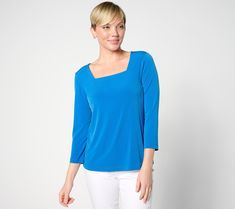 Fashion influencers are telling us... it's hip to be square! This square-neck top works that angle and is crafted in beloved, body-skimming Liquid Knit®. From Susan Graver. Modern Stretch Tops With Square Neck, Versatile Stretch Square Neck Top, Casual Fitted Square-shape Top, Casual Fitted Square Top, Square Fitted Top Solid Color, Fitted Solid Color Square Top, Hip To Be Square, Square Neck Top, Susan Graver