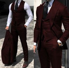 Groom Mens Outfit, Men Suit Colors Wedding, Men Suite Ideas, Guys Suits Wedding, Burgundy Suit For Men, Wedding Men Outfit Groom Suits, Dark Burgundy Suit Men, Crimson Tuxedo, Groomsman Outfit Ideas