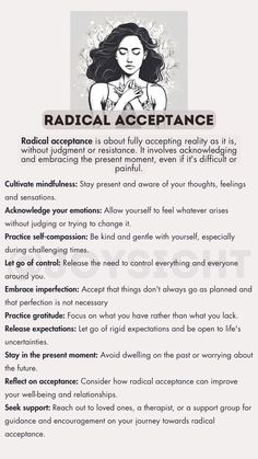 Radical acceptance means accepting reality completely as it is, without judging or fighting against it. It means facing and welcoming the present moment, even when it's tough or uncomfortable 💕 #radicalacceptance Radical Acceptance Quotes, Counselling Tools, Soft Living, Radical Acceptance, Mental Health Facts, Mental Health Therapy, Writing Therapy, Emotional Awareness, Therapy Worksheets