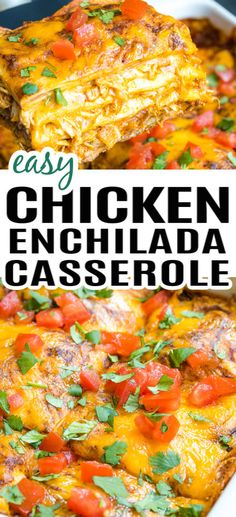 A baking dish with chicken enchilada casserole in a baking dish, topped with cilantro and tomatoes. Green Chili Chicken Enchilada Casserole, Easy Enchilada Casserole, Easy Chicken Enchilada Casserole, Easy Chicken Enchiladas, Easy Chicken Enchilada Recipe, Chicken Enchilada Bake, Green Chili Chicken, Enchilada Casserole Recipes