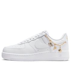 The Nike Wmns Air Force 1 '07 LX 'Lucky Charms' is engineered to provide a sophisticated and luxurious look. The upper is crafted from smooth white leather with matching overlays and iconic Swooshes for classic branding. For an additional touch of class, the collar feature a gold metallic chain adorned with Nike charms. And, at the heel you'll find matching gold Nike Air embroidery – the traditional finishing touch for this must-have shoe. With its timeless design, you’re sure to stay stylish in these shoes for season after season. Gold Nike, Classic Branding, Nike Gold, Nike Air Force 1 07, Lucky Charms, Lucky Charm, Nike Air Force 1, Air Force 1, Nike Air Force