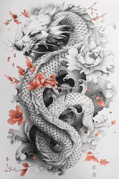 Floral Arm Tattoo, Asian Dragon Tattoo, Red Dragon Tattoo, Black And White Snake, Japanese Art Samurai, Flower Tattoo Ideas, Snake Tattoos