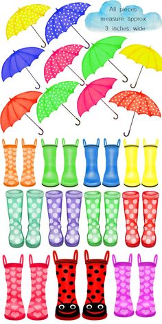 an assortment of colorful rain boots and umbrellas with polka dots on them, all in different colors