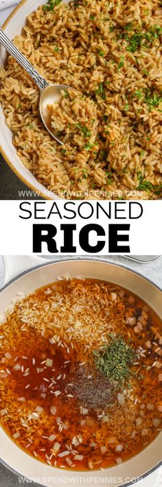 two pictures showing different types of rice and seasoning in the same bowl, with text overlay that reads seasoned rice