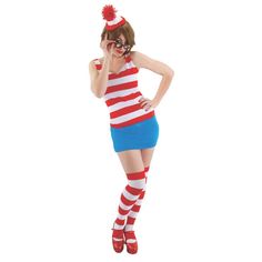 a woman dressed in a red and white striped costume is talking on her cell phone