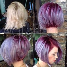 A-line bobs! Images and video tutorials! Short Purple Hair, Bob Hair Color, Purple Highlights, 2015 Hairstyles, Top Ideas, Haircut And Color, Hairstyles Long, Blonde Bobs