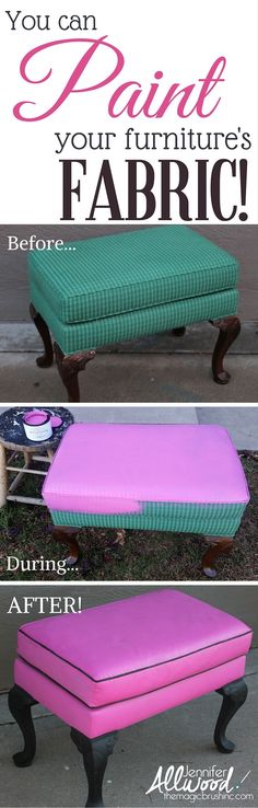 an upholstered bench that has been painted pink, green and purple with the words paint your furniture's fabric