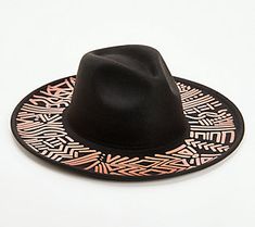 Put the finishing touch on any 'fit (from button-down maxi dresses to jeans and a leather jacket) with this fab felt hat. Tribal print touches make it stand out from the rest. From Women with Control®. Trendy Short Brim Felt Hat For Festivals, Trendy Curved Brim Felt Hat For Festivals, Trendy Fitted Festival Hats, Trendy Spring Felt Hat For Rodeo, Black Crown, Felt Hat, Earmuffs, Mad Hatter, Hat Making