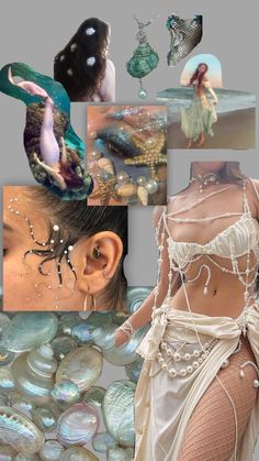 a collage of photos with mermaids, pearls and seashells on them