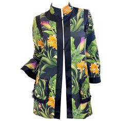 Beautiful 1990s PAOLA QUADRETTI Couture botanical garden printed silk jacket ! Vibrant colors of purple, fuchsia, orange, green and black. Black chiffon detail on each pocket. Hidden hook-and-eye closures ( two ) at neck and bust. Couture quality. All Paola Quadretti pieces are made entirely by hand. Pair with jeans, trousers or a skirt. In great unworn condition Made in Italy Approximately Size Medium Measurements: 36 inch bust 34 inch waist Green Silk Outerwear For Spring, Fall Silk Outerwear With Floral Print, Pattern Outer, Cropped Blazer Jacket, 90s Jacket, Black Chiffon, Garden Print, Wool Vest, Silk Jacket