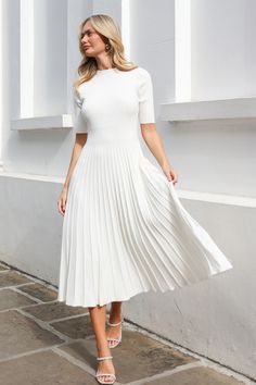 The White Mockneck Pleated Skirt Midi Dress delivers timeless style with its structured mockneck and flowing pleated skirt. This dress is perfect for an effortlessly refined and graceful vibe. Product code: CAA06C4G006CC Features:  Knit Mock neckline Half sleeves Pleated skirt Midi Wash Method: Regular Wash Material: 78%VISCOSE,22%NYLON. Winter Church Dress, White Winter Dresses, Modest Clothing Aesthetic, Christian Fashion Modesty, White Midi Skirt Outfit, Pleated White Skirt, White Christmas Dress, White Dress Fall, Modest Aesthetic