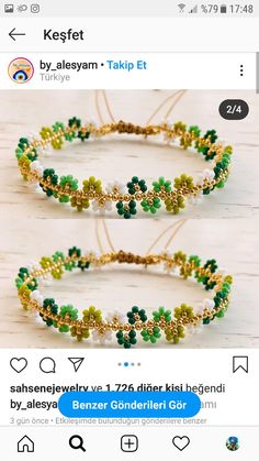 two bracelets with green and gold beads are shown on an instagramt page