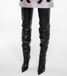 Olivia leather over-the-knee boots in black - Amina Muaddi | Mytheresa Amina Muaddi Boots, Talon Transparent, Womens Thigh High Boots, Amina Muaddi Shoes, Leather Over The Knee Boots, Thigh High Suede Boots, Leather Knee Boots, Amina Muaddi, Pointed Toe Boots