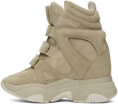 High-top suede sneakers in beige. · Perforated detailing at toe · Velcro straps at vamp · Logo flag at padded tongue · Quilted padded collar · Cutout at sides · Logo embossed at heel · Grained pigskin lining · Concealed wedge heel · Treaded platform rubber sole · Platform: H2 · Heel: H2 Supplier color: Beige Sporty Beige Suede High-top Sneakers, Beige Suede High-top Sneakers For Streetwear, Beige Suede High-top Sneakers With Rubber Sole, Beige Suede High-top Sneakers With Round Toe, Pig Skin, Suede Sneakers, Velcro Straps, Wedge Sneaker, Isabel Marant