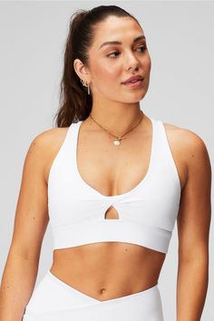 Oasis Twist Medium Impact Sports Bra Fabletics white female Activewear >> Womens >> Sports Bras >> Medium Impact regular Yoga and Studio All-Way Stretch/Moisture-Wicking/Removable Bra Cups Our most flattering, medium-impact bra White Breathable Activewear For Yoga, White Sports Bra For Light Exercise, White Racerback Sports Bra For Light Exercise, White Racerback Activewear For Light Exercise, Supportive Seamless White Sports Bra, White Moisture-wicking Sports Bra For Yoga, White Moisture-wicking Sports Bra For Light Exercise, White Stretch Sports Bra For Athleisure, White Stretch Sports Bra For Yoga