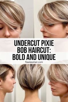 Undercut Pixie Bob Haircut Layered Undercut Pixie, Undercut Pixie Bob Fine Hair, Interesting Bob Haircuts, Bobs With Undercut Shaved Sides, Chin Length Bob Undercut, One Length Pixie Haircut, Short Undercut Bob With Bangs, Pixie Bob Back View, Short Bob Hairstyles With Undercut