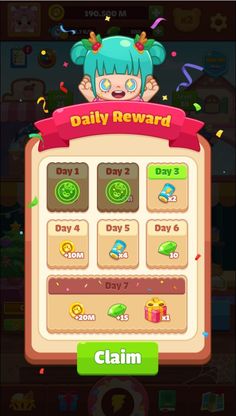 the daily reward screen on an iphone, with icons and numbers in front of it