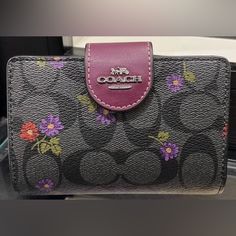 Nwt Coach Medium Corner Zip Wallet In Signature Canvas With Country Floral Print; Signature Coated Canvas; Smooth Leather; 7 Credit Card Slots; Bill Compartment; Id Window Snap Closure; Zip Coin Pocket; 5" (L) X 3 1/2" (H) X 1/2" (W); Style No. Cm986 Elegant Purple Wallets For Travel, Elegant Purple Bifold Wallet, Elegant Purple Wallets, Elegant Purple Leather Wallets, Purple Wallets With Removable Pouch For Everyday Use, Purple Rectangular Bag With Card Slots, Purple Leather Rectangular Wallet, Elegant Purple Wallet For Gift, Purple Rectangular Wallet With Interior Card Slots