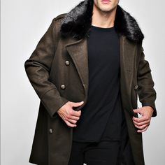 Military Green Coat. Double Breasted With Faux Fur Colar Winter Double-breasted Outerwear With Faux Fur Trim, Classic Fur Coat With Faux Fur Lining For Fall, Classic Fall Fur Coat With Faux Fur Lining, Brown Pea Coat With Lapel Collar For Winter, Fall Outerwear With Faux Fur Lining And Lapel Collar, Fall Long Sleeve Fur Coat With Double Button Closure, Classic Outerwear With Faux Fur Trim For Winter, Classic Winter Outerwear With Faux Fur Trim, Winter Outerwear With Faux Fur Lining And Lapel Collar