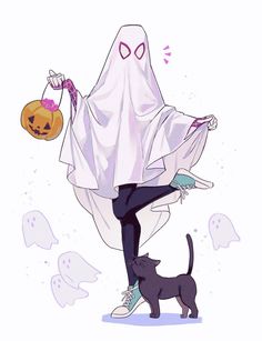 a woman dressed as a ghost with a black cat on her feet and a trick bag in her hand