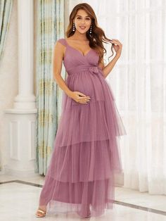 Color=Purple Orchid | Tie Waist V-Neck Tiered Floor-Length Maternity Dress-Purple Orchid 1 Elegant Maternity Dresses, Tulle Maternity Dress, Dress For Pregnant Women, Light Teal Color, Tiered Tulle Skirt, Maternity Long Dress, Pregnancy Wardrobe, Blue Tulle, Ever Pretty