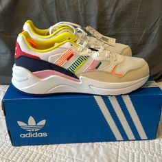 Nwt Adidas Shoes. Never Worn, Colorful Design Multicolor Flat Synthetic Sneakers, Adidas Multicolor Sneakers With Round Toe, Adidas Multicolor Slip-on Sneakers, Multi Colored Shoes, Colored Shoes, Adidas Retro, Rainbow Shoes, Colorful Shoes, Adidas White