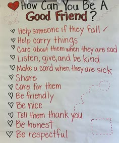 a sign that says how can you be a good friend? with hearts on it