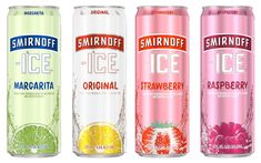 four different flavors of sodas are shown in this image, one is orange, the other has raspberry