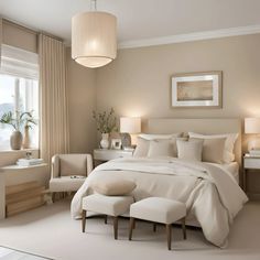 a large white bed sitting in a bedroom next to two lamps on either side of a window