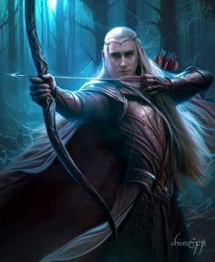 a man with long white hair holding a bow and arrow in the woods at night