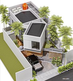 an aerial view of a modern house with trees