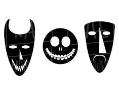 three masks with faces drawn on them, one is black and the other has white teeth