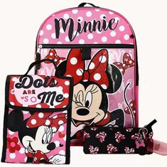 Minnie Mouse Backpack With Insulated Lunch Kit, Pencil Pouch, Bottle For Sanitizer, Carabiner, Rubber Key Chain. Backpack Is 16"H X 12"W X 5"D Comes With 6 Items - Backpack, Insulated Lunch Kit, Pencil Pouch, Bottle For Sanitizer, Carabiner, Rubber Key Chain Backpack Has A Front Pocket And Side Mesh Pocket Fun Character Art Padded Back And Padded Adjustable Shoulder Straps Warning - Choking Hazard - Contains Small Parts, Not Suitable For Children Under 3 Years Polyester Spot Clean Brand New, Pri Black Minnie Mouse Bag For Back To School, Black Minnie Mouse Backpack For Back To School, Back To School Minnie Mouse Black Backpack, Minnie Mouse Backpack For Travel And Back To School, Minnie Mouse Standard Backpack For School, Minnie Mouse Standard School Backpack, Disney Mickey Mouse Bag For Back To School, Back To School Minnie Mouse Backpack, Back To School Minnie Mouse Standard Backpack