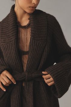 Add a touch of coziness to your close-knit circle with the All I Need Long Cardigan Sweater, with a tie-belt to cinch your waist and a below-the-knee length for layering over dresses. | All I Need Long Cardigan Sweater by Sanctuary in Brown, Women's, Size: Small, Polyester/Acrylic at Anthropologie Cozy Long Cashmere Cardigan, Elegant Brown Oversized Cardigan, Elegant Long-sleeved Wool Cardigan, Luxury Cozy Brown Cardigan, Brown V-neck Cardigan For Loungewear, East Coast Fashion, Women Long Cardigan, Sweater Season, Girl Silhouette