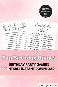 printable birthday games for kids with the words fun birthday games, and an instant