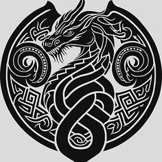 a black and white image of a dragon in a circle with swirls on it