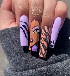 Rainbow Nail Art Designs Simple, Character Acrylic Nails, Clawdeen Nails, Winx Club Nails, Character Nail Designs, 90s Cartoon Nails Acrylic