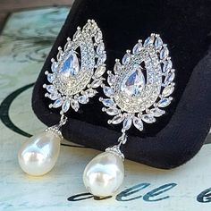 Breathtaking Vintage Style Waterdrop, Teardrop Dangle Earrings With Sterling Silver, Zircon Gems, Rhinestones And Faux Pearls! Wedding Bridal Bridesmaid Pageant Box Not Included Hello Kitty Earrings, Feminine Earrings, Earrings With Pearls, Pearls Wedding, Hammered Hoop Earrings, Teardrop Dangle Earrings, Tassel Drop Earrings, Star Earrings Stud, Cross Earrings