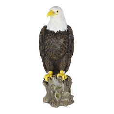 an eagle statue sitting on top of a tree stump in front of a white background