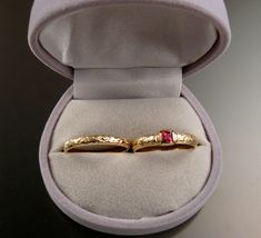 "This pretty wedding set has a nice Victorian antique look. Set with a 3.5mm square natural Ruby Red Spinel from Ceylon. Set in 14k yellow Gold The band is 3.25mm wide and 1.25mm thick. The matching band is 2.5mm wide and 1.25mm thick. Specify your size in a \"note to seller\" at check out." Elegant Rectangular Ruby Ring For Wedding, Elegant Rectangular Ruby Wedding Ring, Emerald Cut Ruby Wedding Jewelry, Classic Rectangular Ruby Wedding Ring, Gold Ruby Princess Cut Ring For Wedding, Square Cut Bezel Set Wedding Jewelry, Red Rectangular Wedding Rings, Wedding Ruby Ring In Princess Cut Yellow Gold, Rectangular Ruby Ring For Wedding