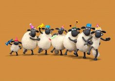 a group of sheep with party hats and streamers in the shape of birthday candles