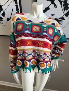 Vintage 90s Brand Heirloom Collectibles  All measurements are taken laying flat  25" pit to pit 21" length Beautiful neutral but colorful sweater  Great condition  Size medium but fits oversized Could fit a small or large depending on the look you are going for 55% Ramie 45% Cotton Casual Multicolor Fair Isle Sweater, Oversized Retro Acrylic Sweater, Vintage Multicolor Sweater For Fall, Vintage Multicolor Acrylic Sweater, Retro Multicolor Acrylic Sweater, Colorful Retro Crew Neck Sweater, Oversized Multicolor Retro Sweater, Colorful Oversized Knit Sweater, Multicolor Long Sleeve Fun Sweater