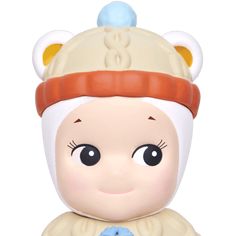 a toy doll with a hat on it's head and eyes, sitting in front of a white background