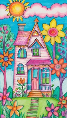 a drawing of a house with flowers and trees